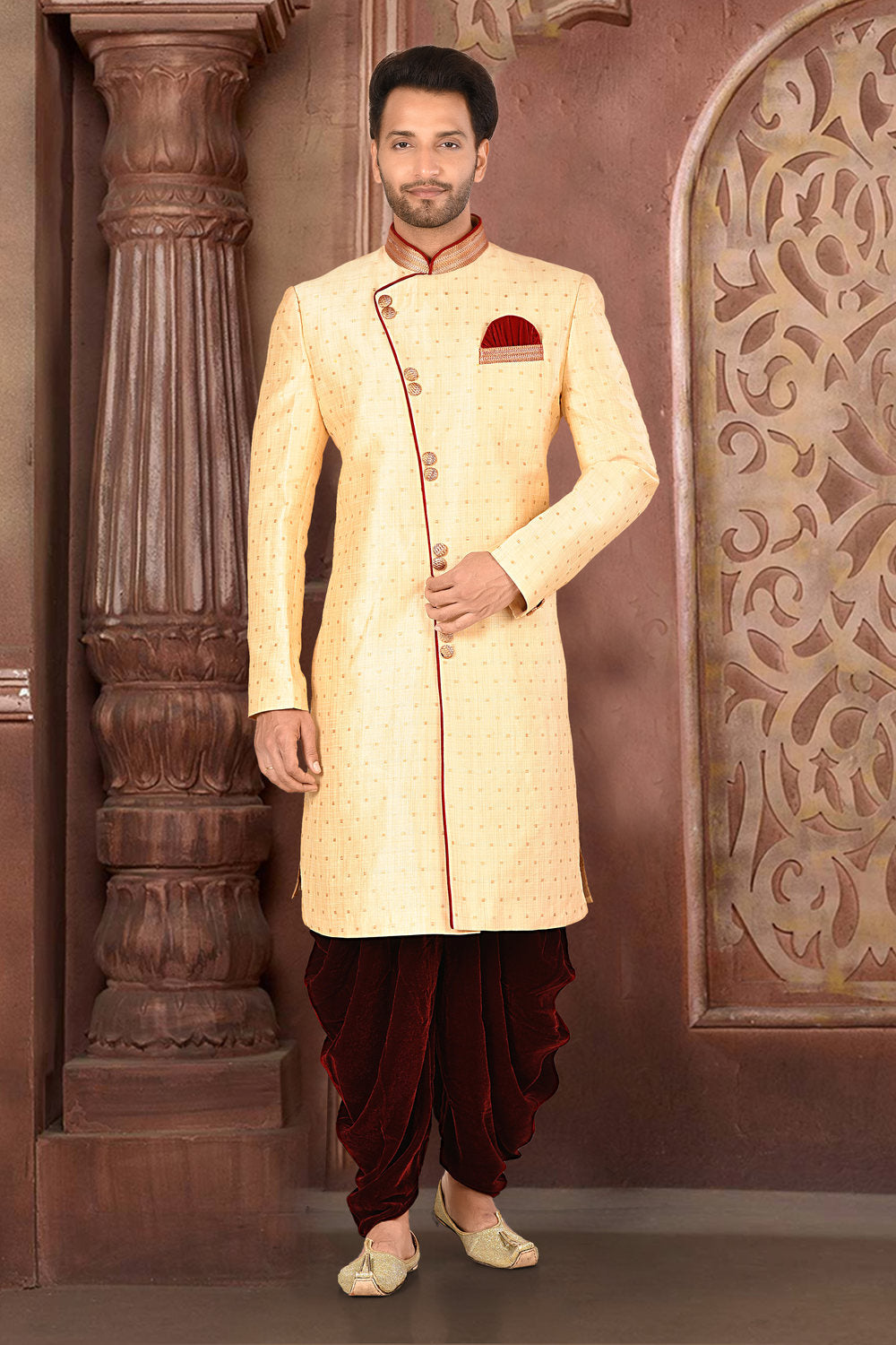 Cream & Maroon Colour Silk Fabric With Pattern Work Indowestern