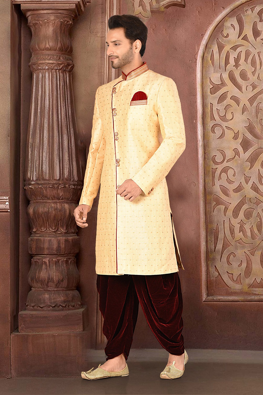 Cream & Maroon Colour Silk Fabric With Pattern Work Indowestern