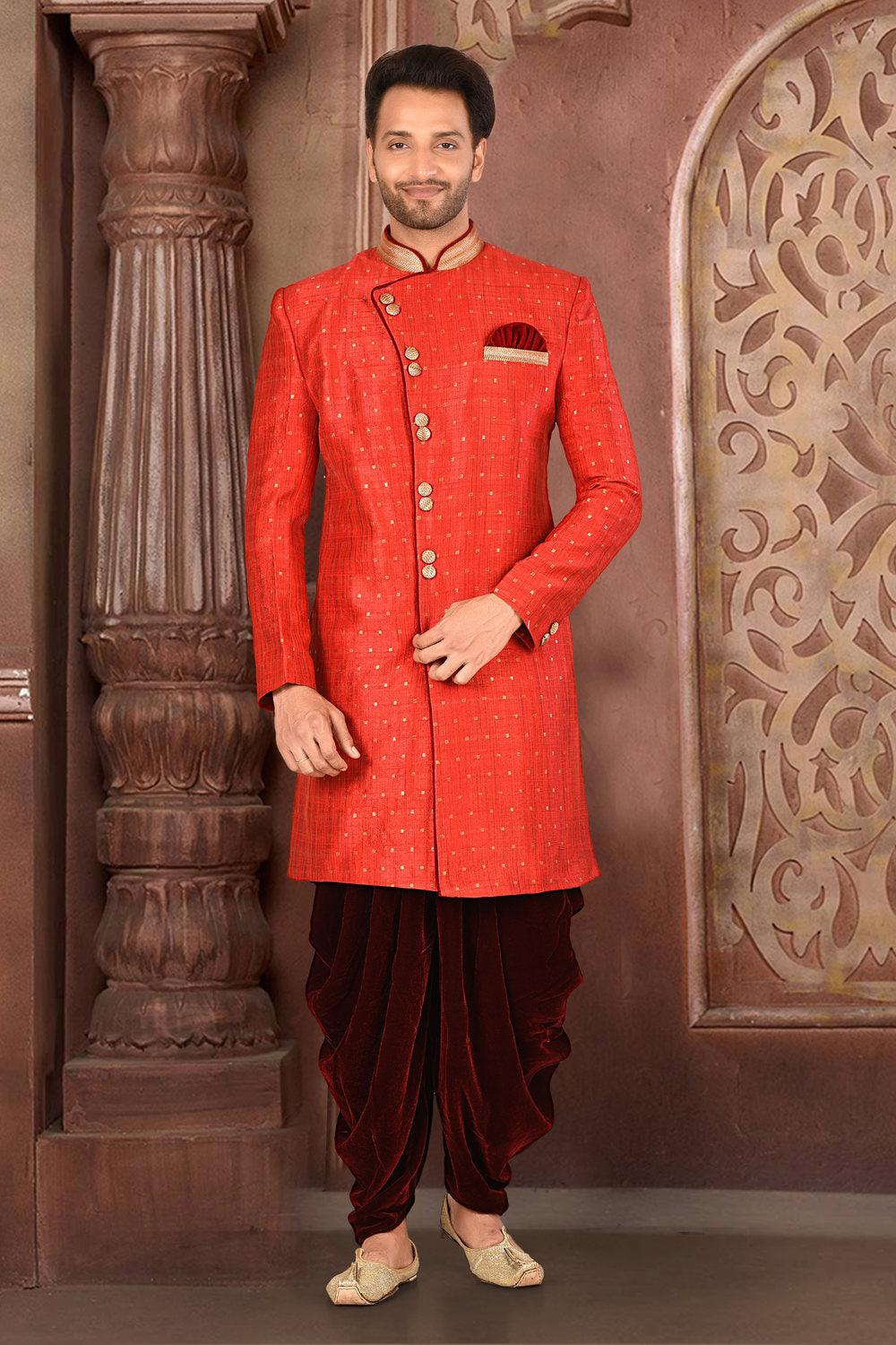 Red & Maroon Colour Silk Fabric With Pattern Work Indowestern