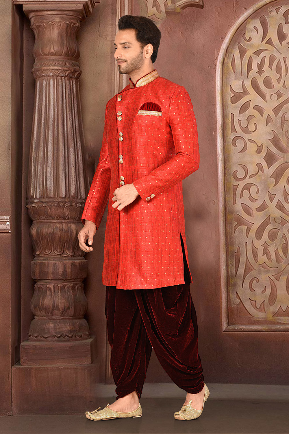 Red & Maroon Colour Silk Fabric With Pattern Work Indowestern