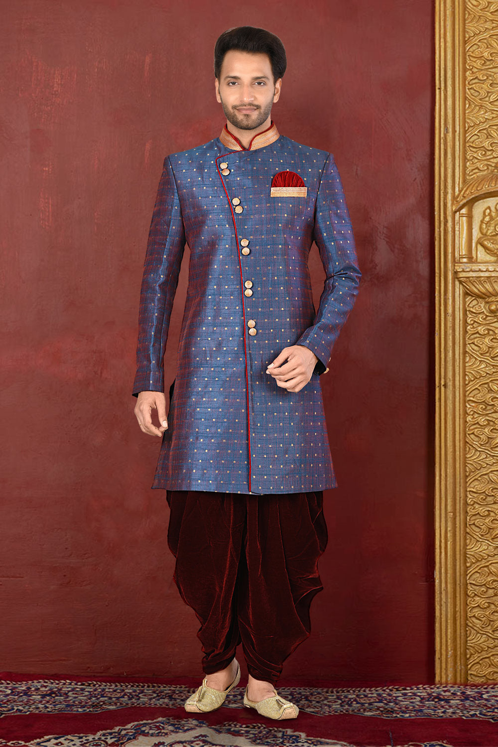 Blue & Maroon Colour Silk Fabric With Pattern Work Indowestern