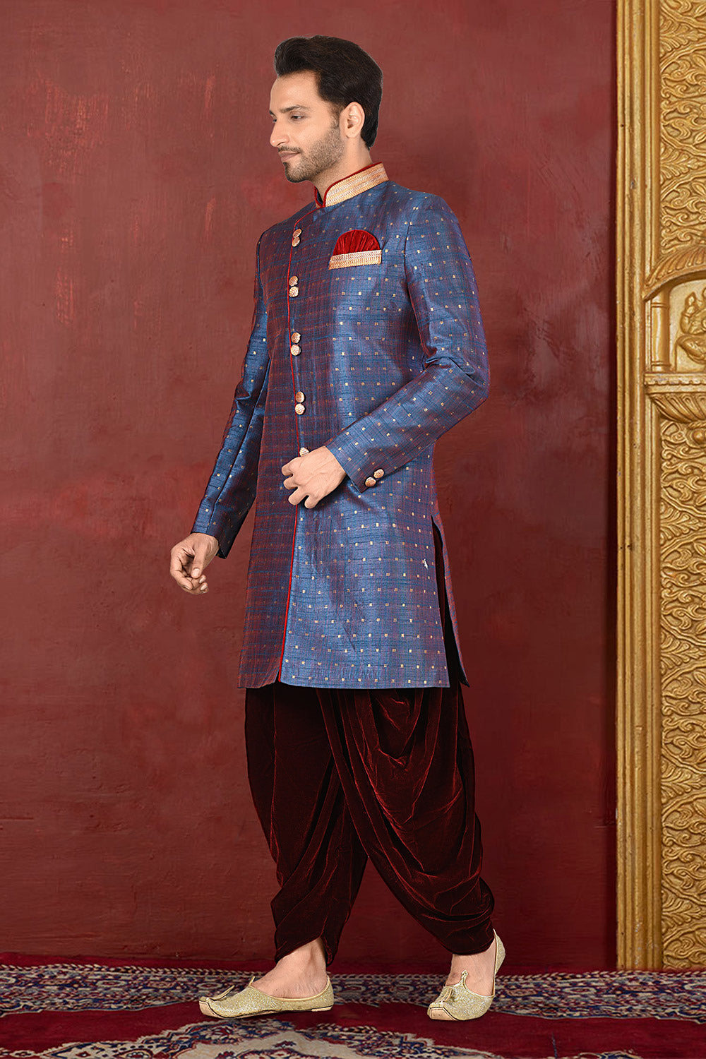 Blue & Maroon Colour Silk Fabric With Pattern Work Indowestern