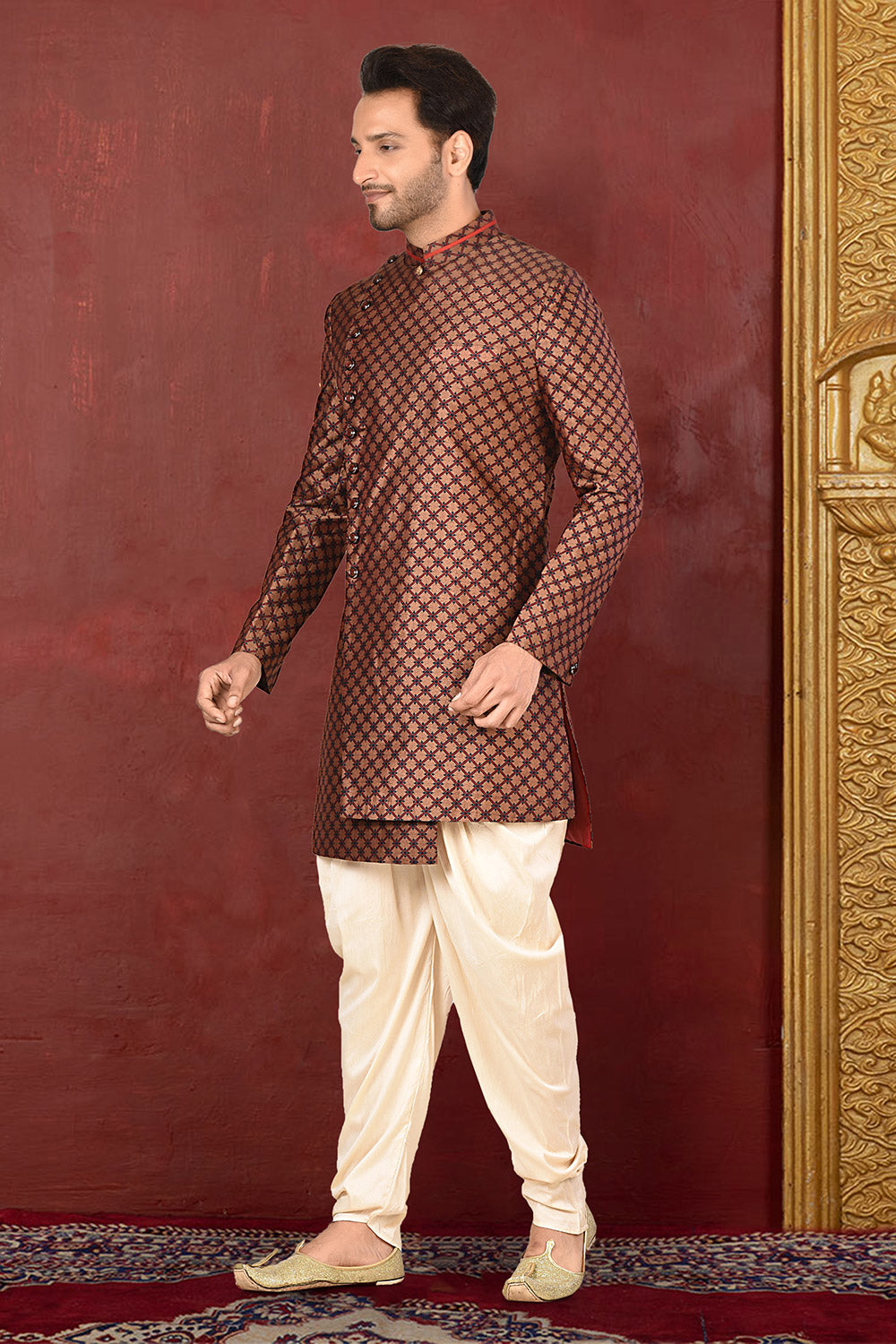 Brown & beige Colour Tissue Silk Fabric With Pattern Work Indowestern