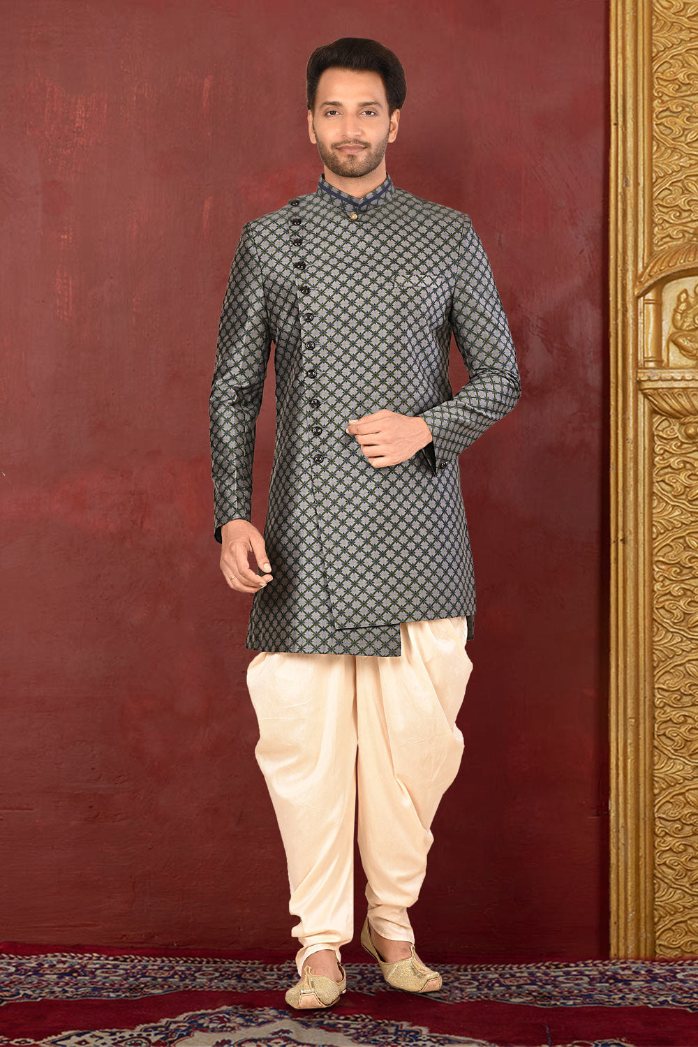 Grey & Beige Colour Tissue Silk Fabric With Pattern Work Indowestern