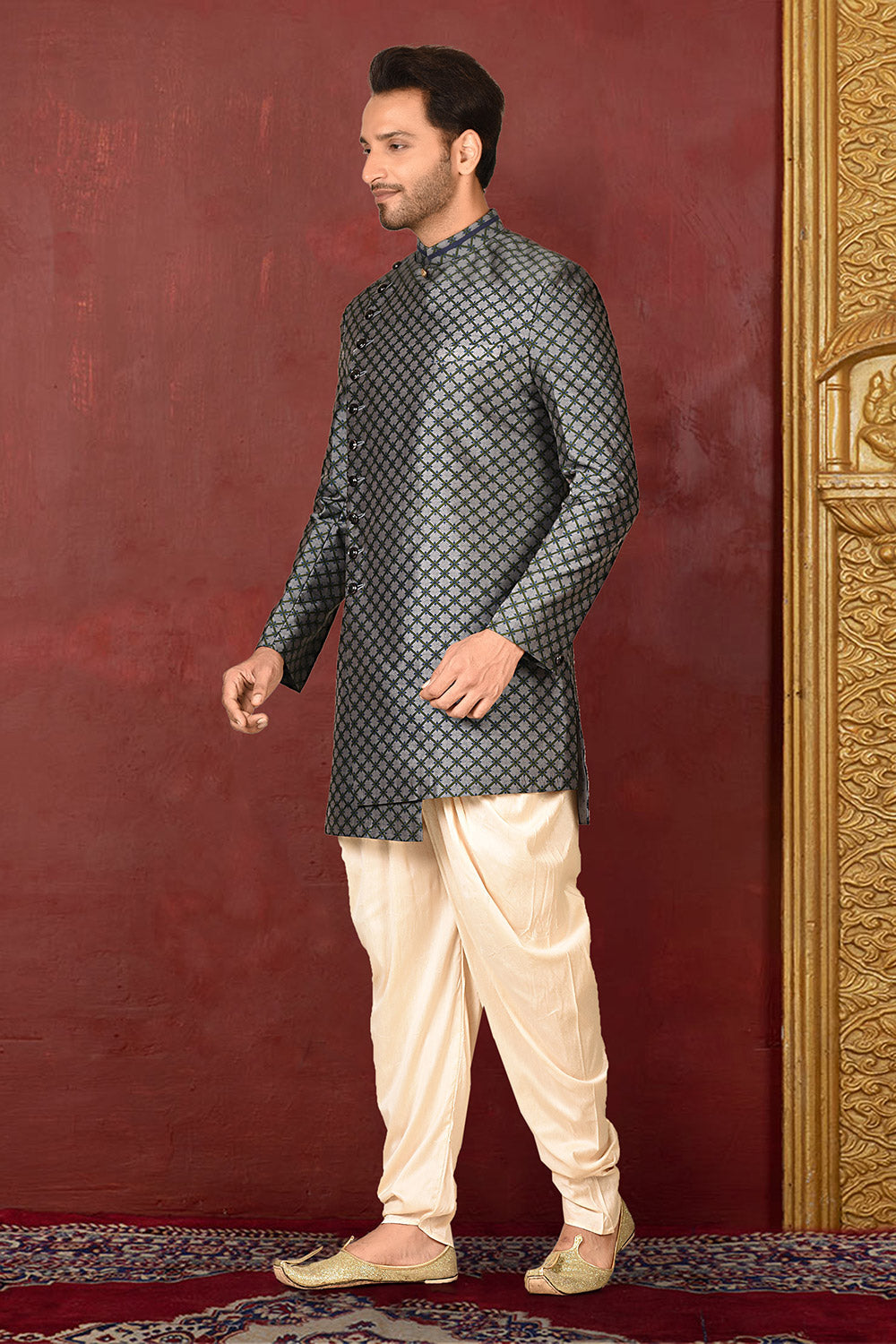 Grey & Beige Colour Tissue Silk Fabric With Pattern Work Indowestern