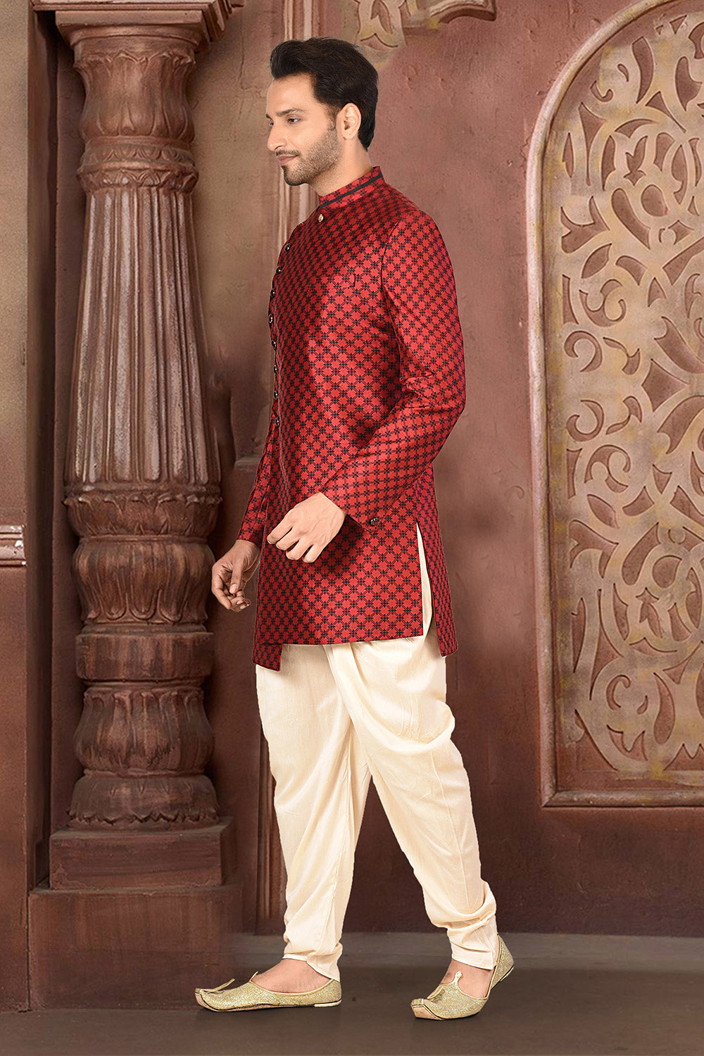 Red & Beige Colour Tissue Silk Fabric With Pattern Work Indowestern