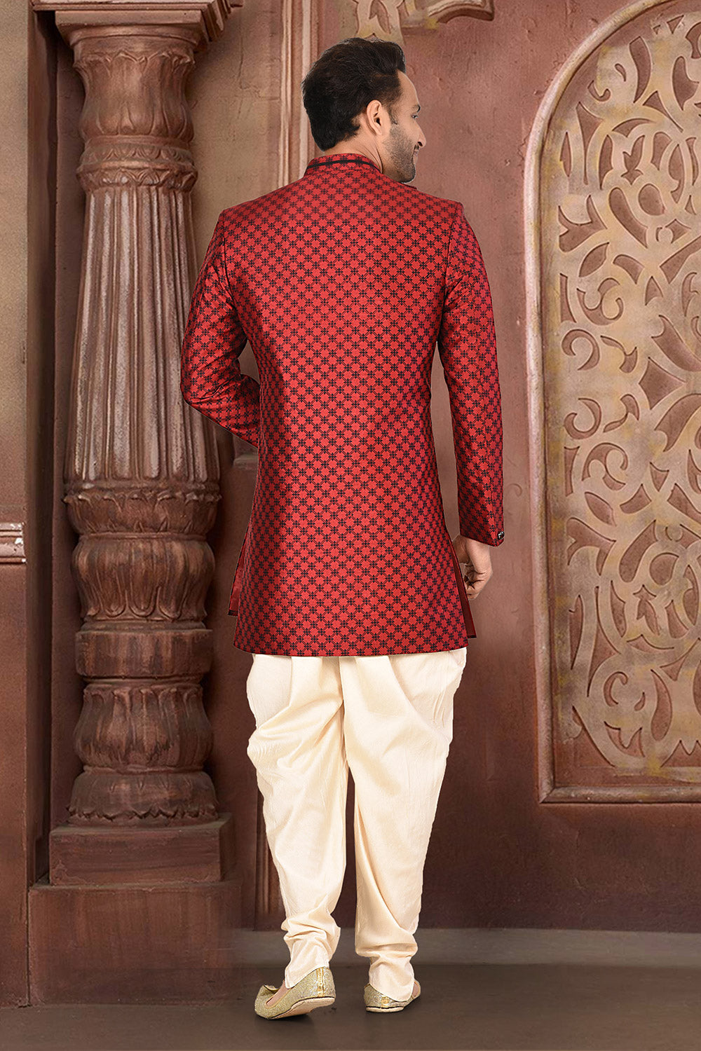 Red & Beige Colour Tissue Silk Fabric With Pattern Work Indowestern