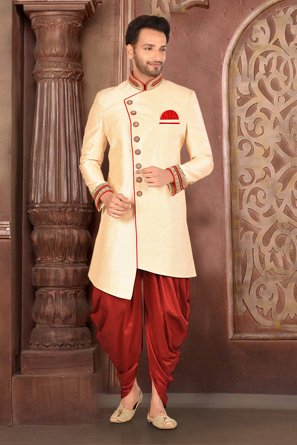 Beige & Red Colour Silk Fabric With Zardoshi Work Indo-Western