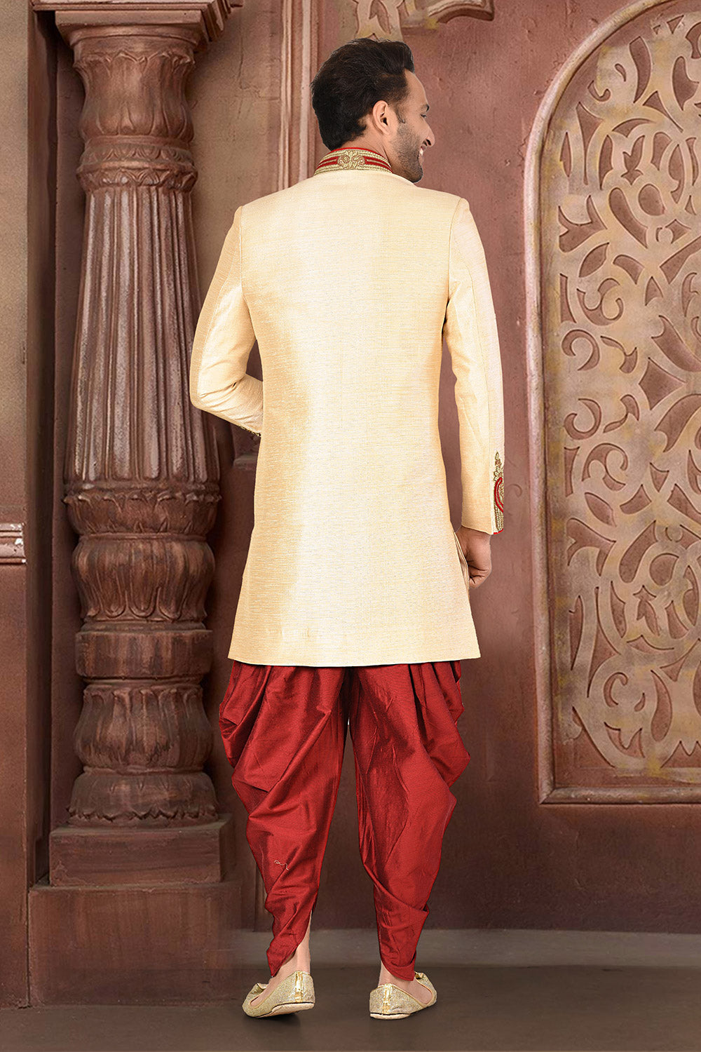 Beige & Red Colour Silk Fabric With Zardoshi Work Indo-Western