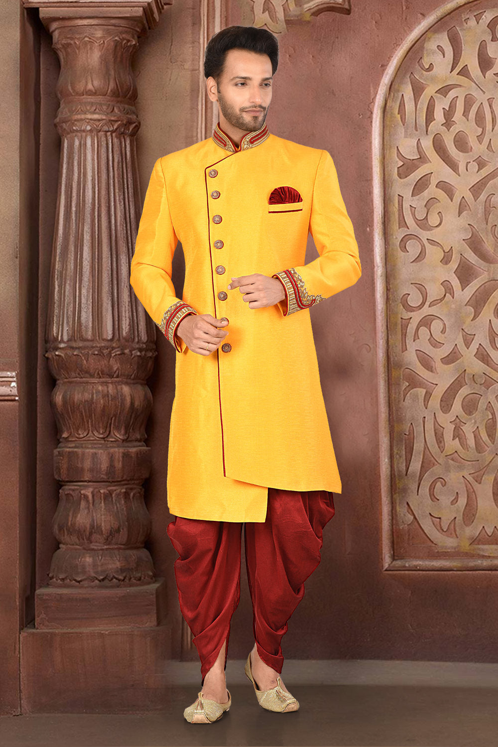 Yellow & Red Colour Silk Fabric With Zardoshi Work Indo-Western