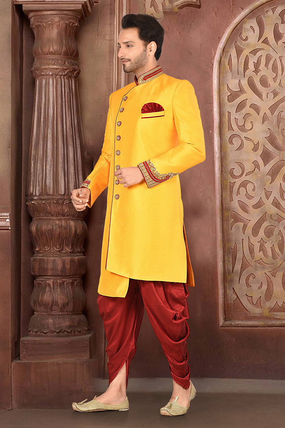 Yellow & Red Colour Silk Fabric With Zardoshi Work Indo-Western