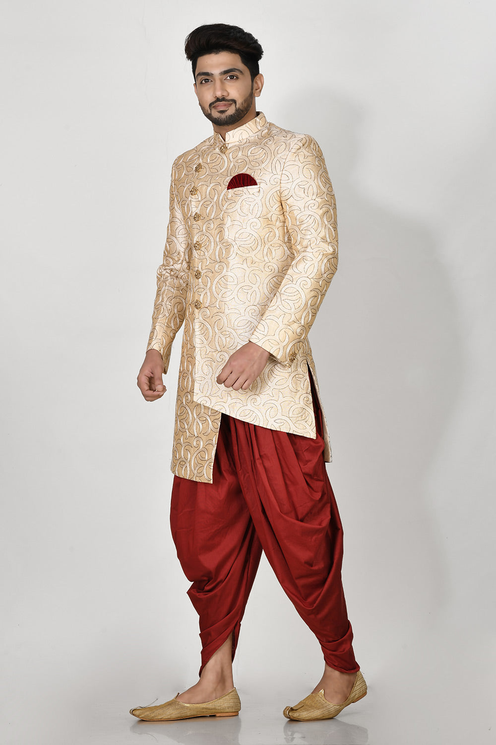 Biscuite Colour Silk Fabric With Resham & Zari Work Indowestern
