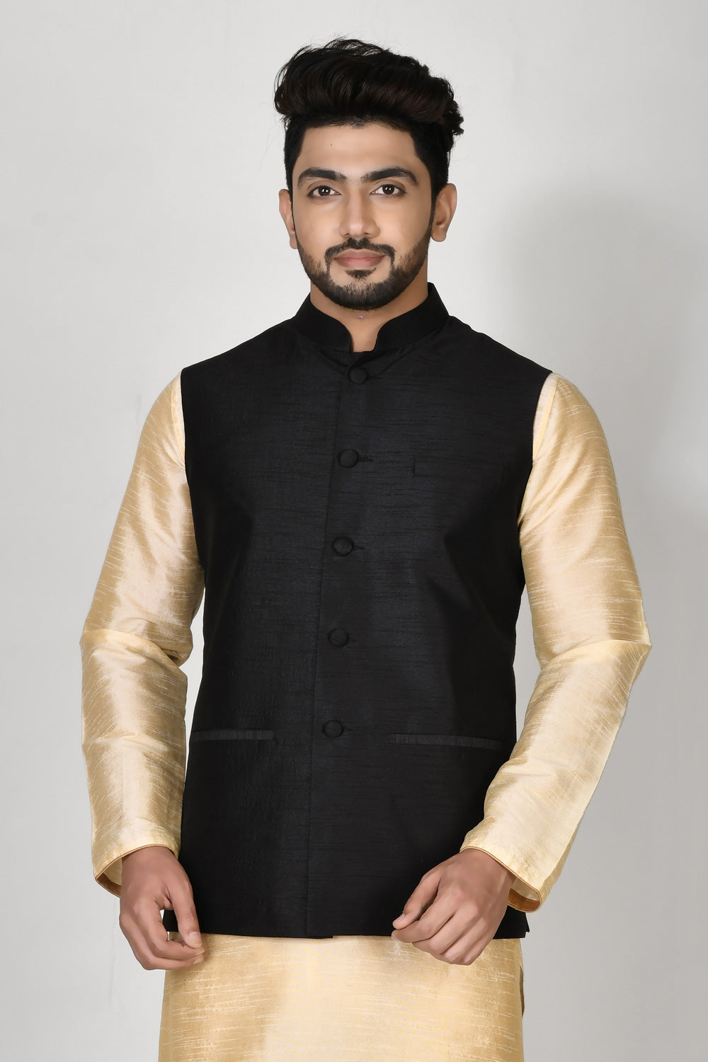 Black Colour Dupion Silk Fabric Plain Jacket