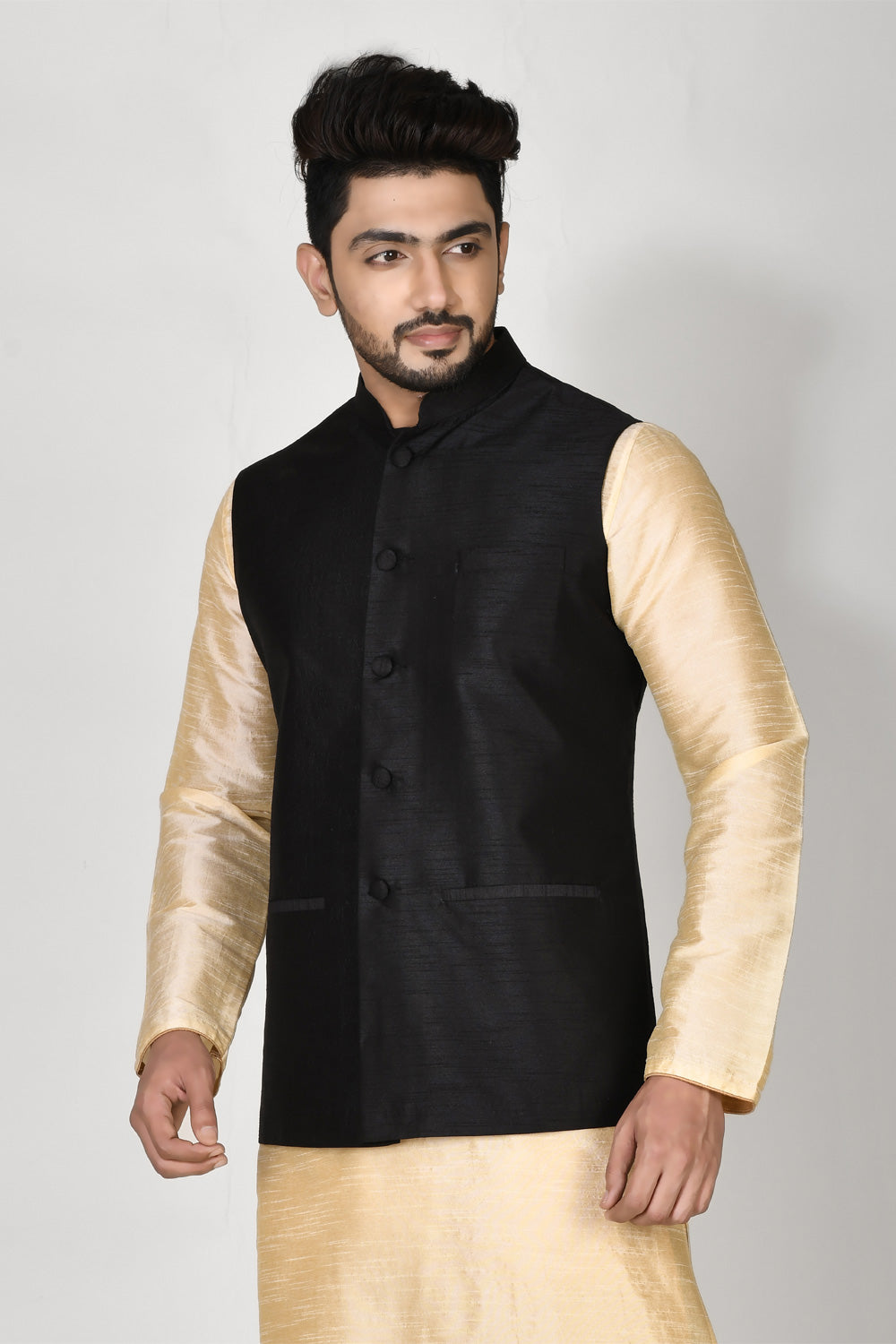 Black Colour Dupion Silk Fabric Plain Jacket