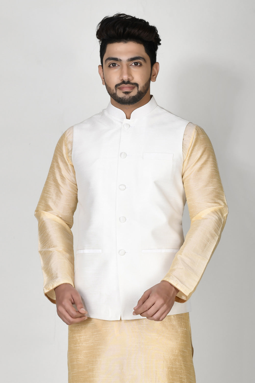 White Colour Dupion Silk Fabric Plain Jacket