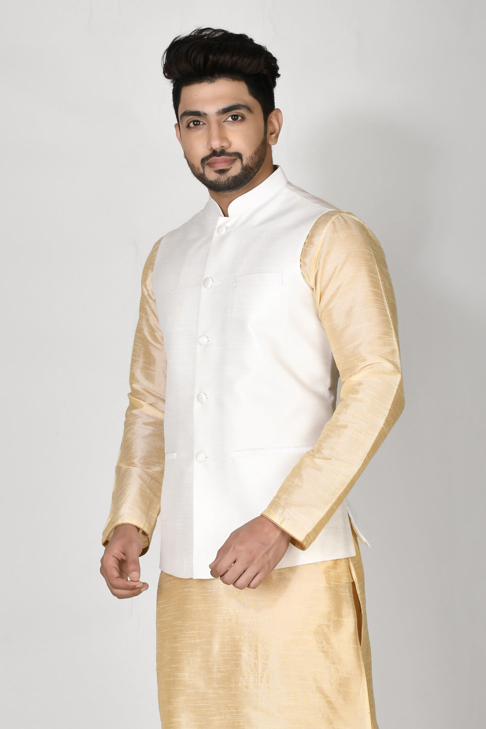 White Colour Dupion Silk Fabric Plain Jacket
