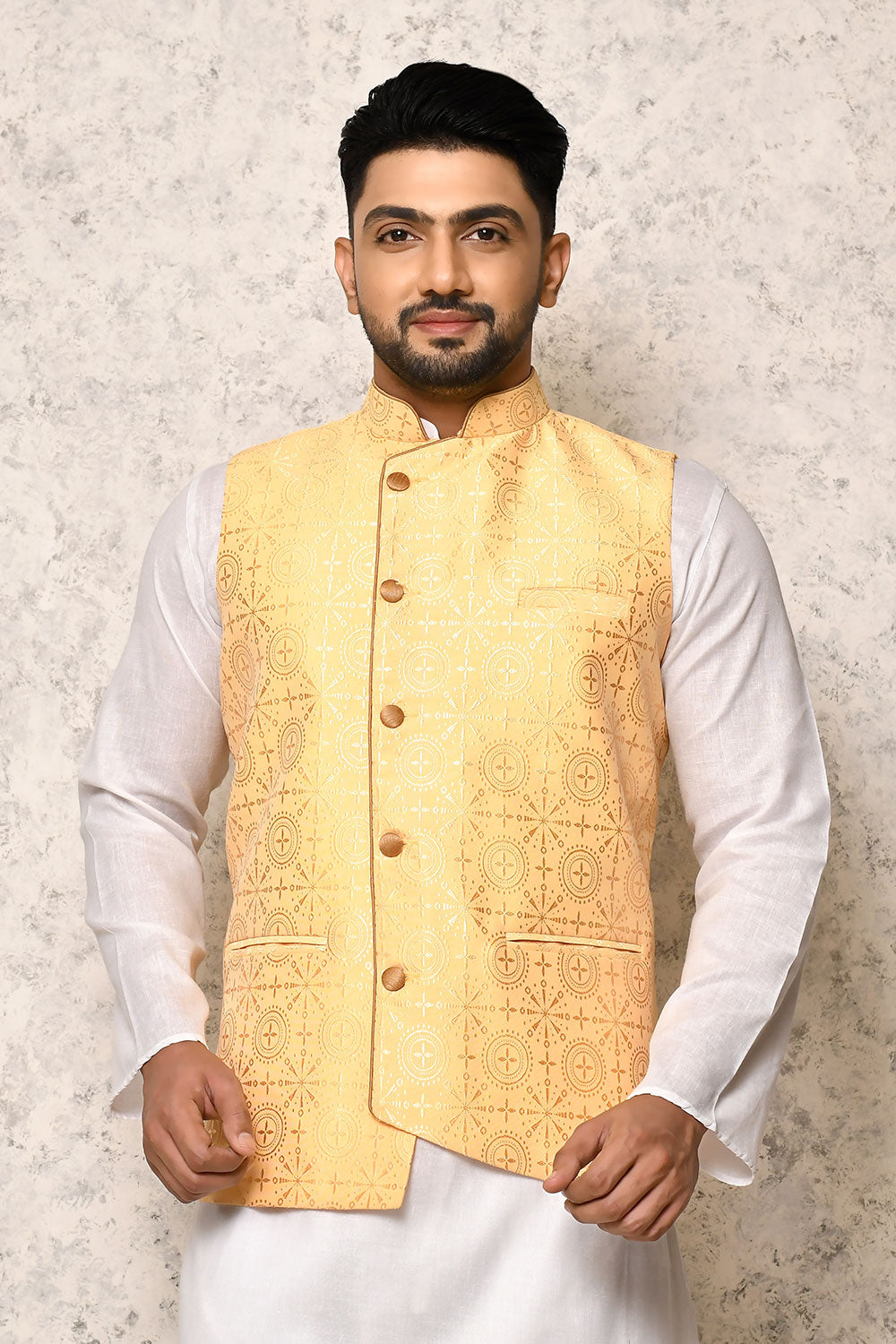 Cream Colour Art Silk Fabric With Digital Printed Nehru Jacket