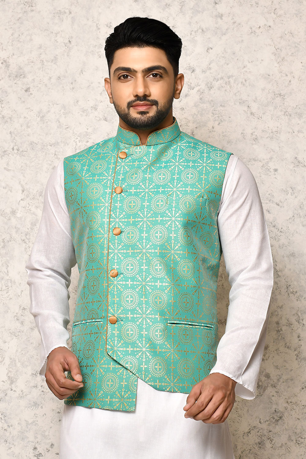 Firoza Colour Art Silk Fabric With Digital Printed Nehru Jacket