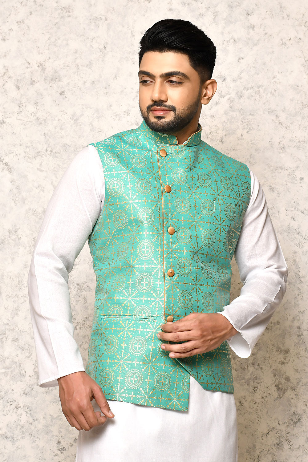 Firoza Colour Art Silk Fabric With Digital Printed Nehru Jacket