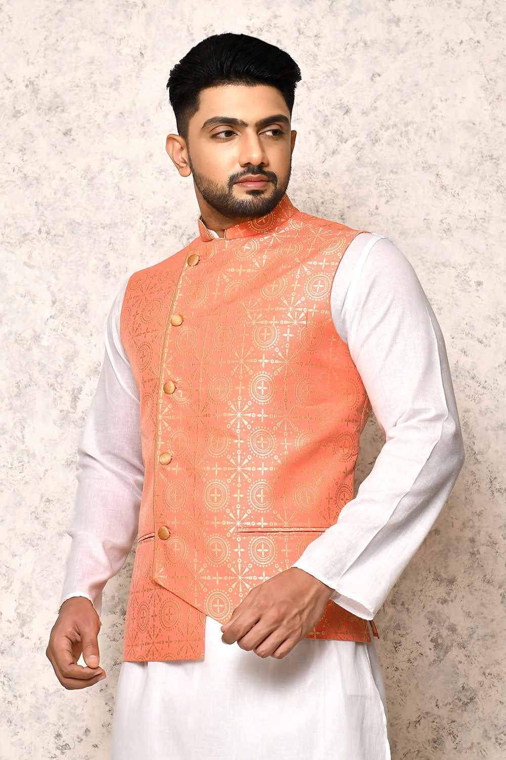 Pink Colour Art Silk Fabric With Digital Printed Nehru Jacket