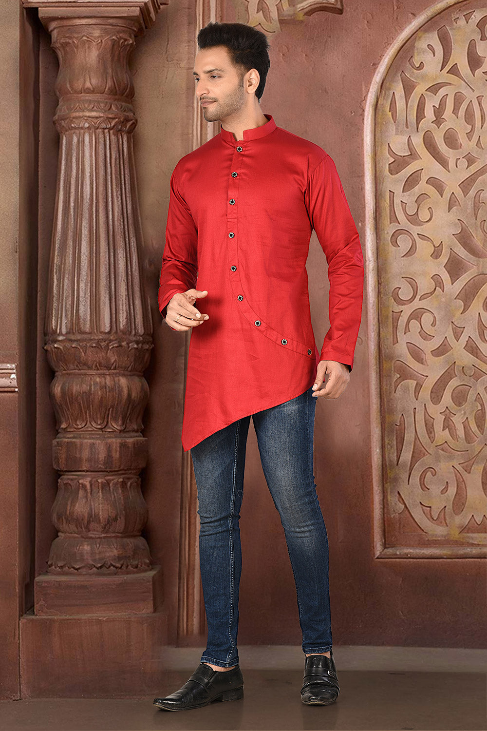 Red Colour Cotton Satin Fabric With Pattern Work Short Kurta
