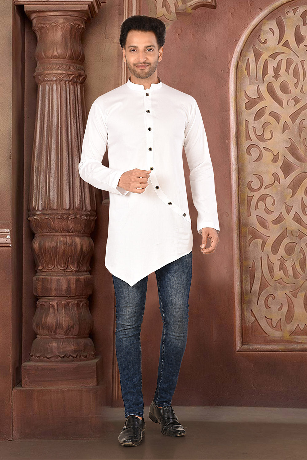 White Colour Cotton Satin Fabric With Pattern Work Short Kurta