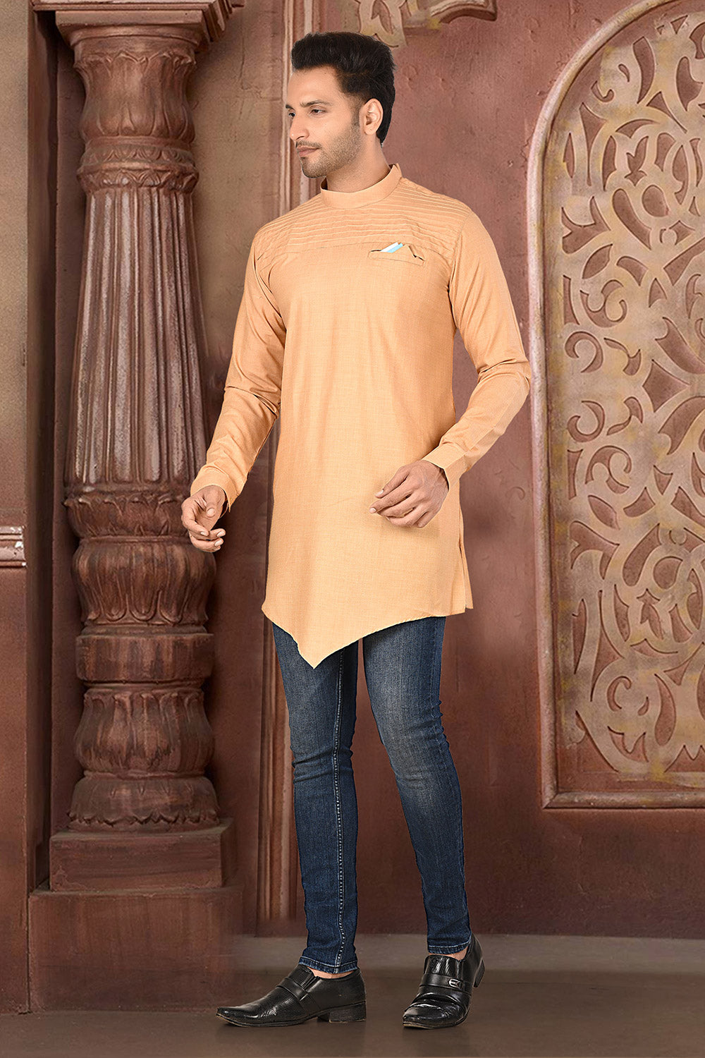 Beige Colour Muslin Cotton Fabric Patern Short Kurta