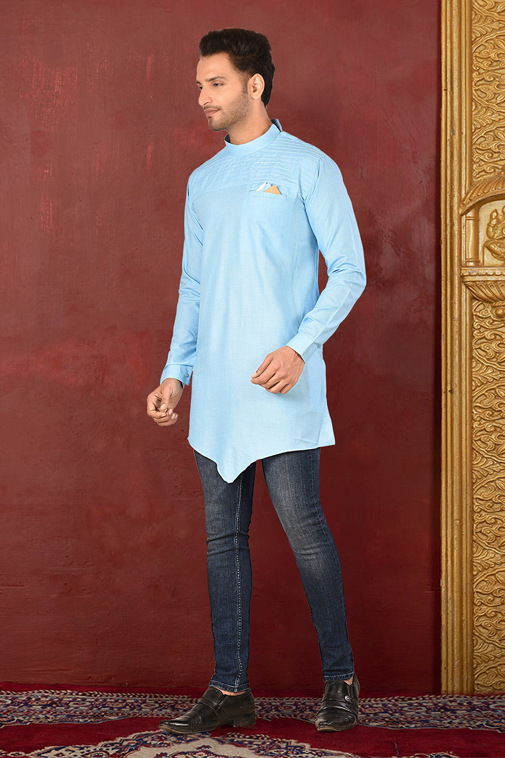 Sky Blue Colour Muslin Cotton Fabric Patern Short Kurta