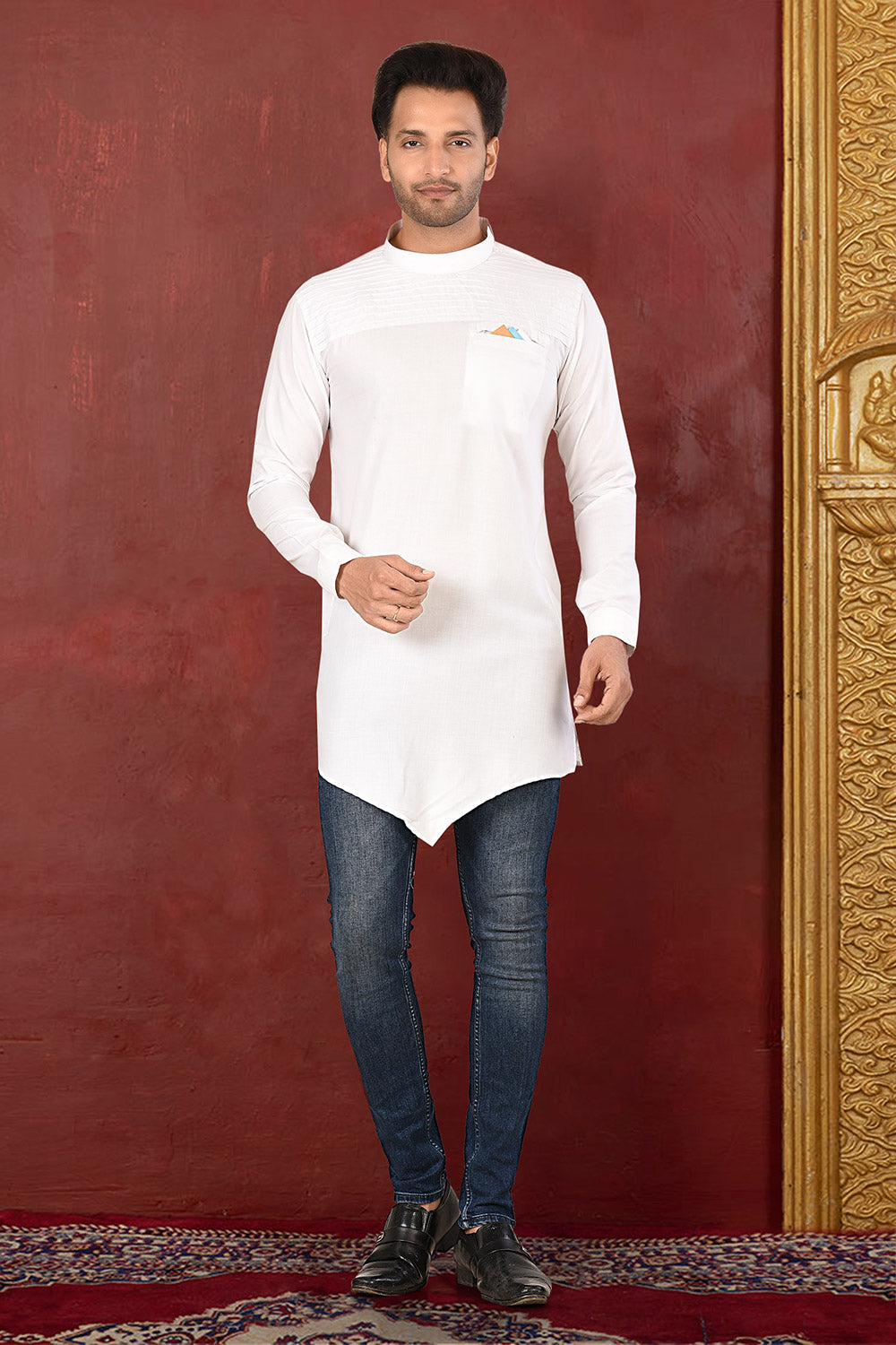 White Colour Muslin Cotton Fabric Patern Short Kurta