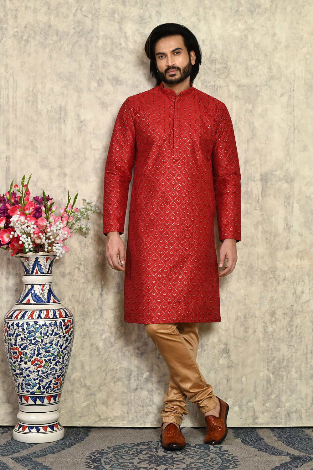 Maroon Colour Art Silk Fabric With Plain Style Kurta Pajama