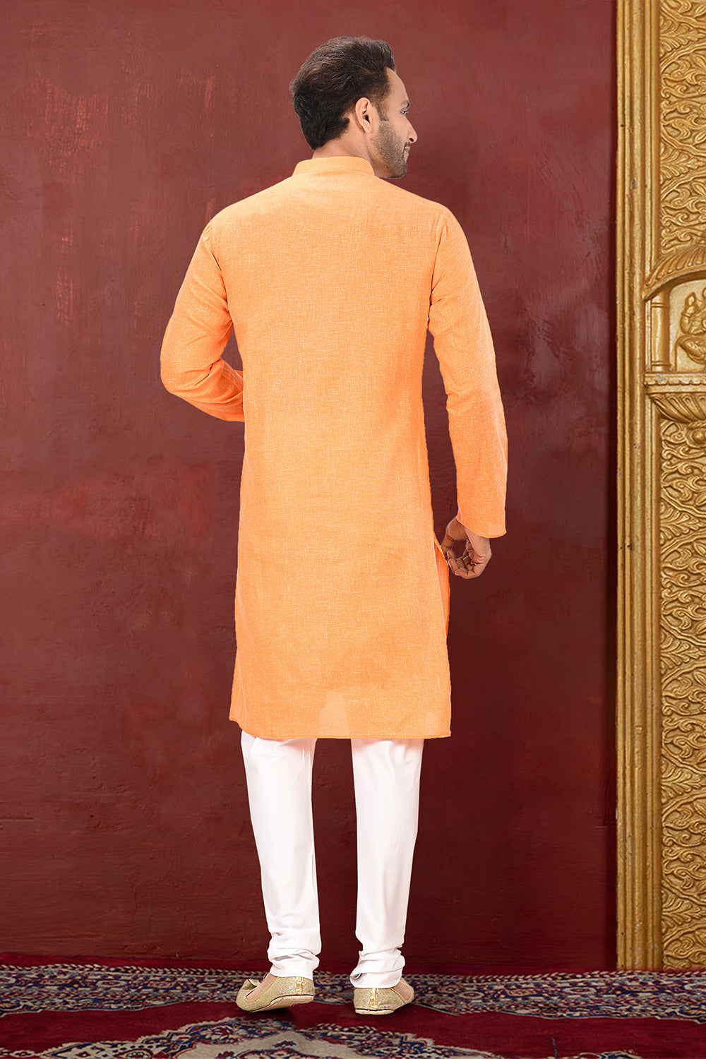 Orange Colour Cotton Fabric Plain Kurta Pajama