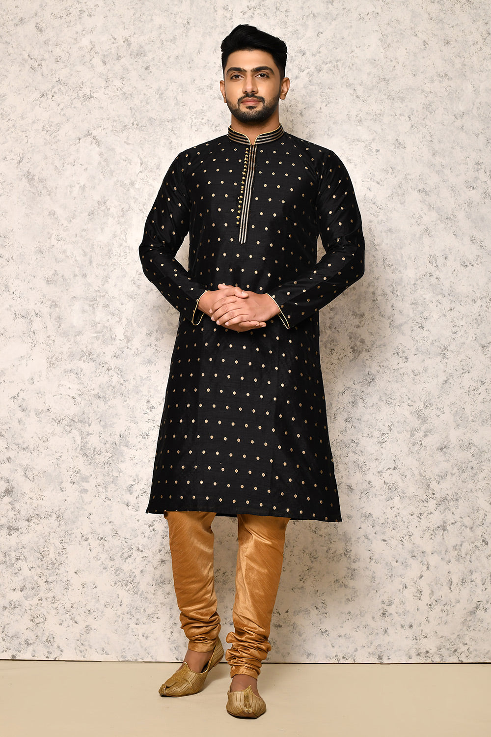 Black Colour Art Silk Fabric Thread Work Kurta Pajama