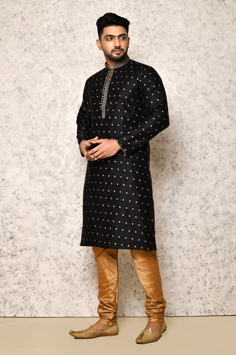 Black Colour Art Silk Fabric Thread Work Kurta Pajama