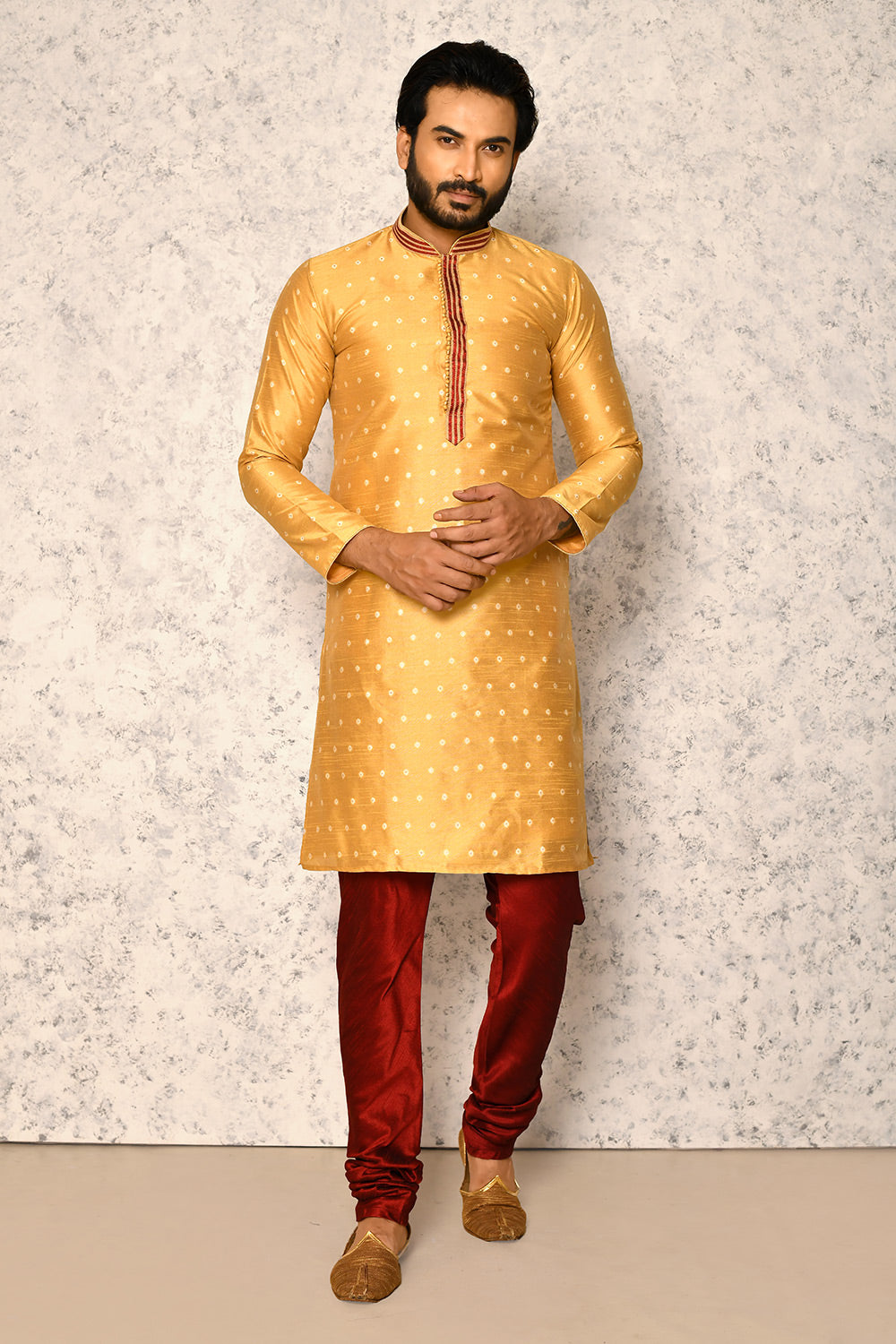 Gold Colour Art Silk Fabric Thread Work Kurta Pajama