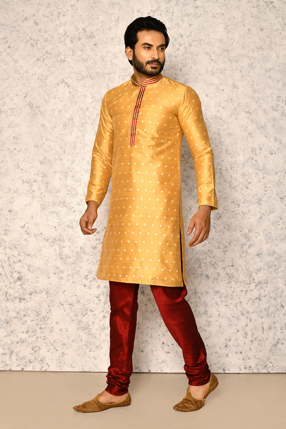 Gold Colour Art Silk Fabric Thread Work Kurta Pajama