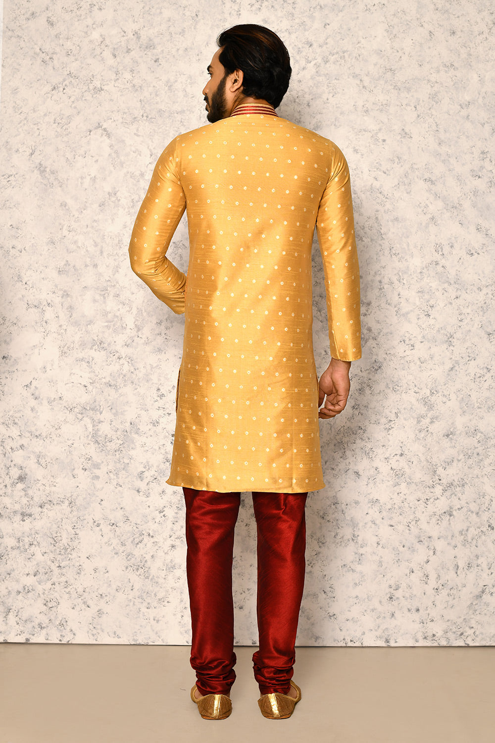 Gold Colour Art Silk Fabric Thread Work Kurta Pajama