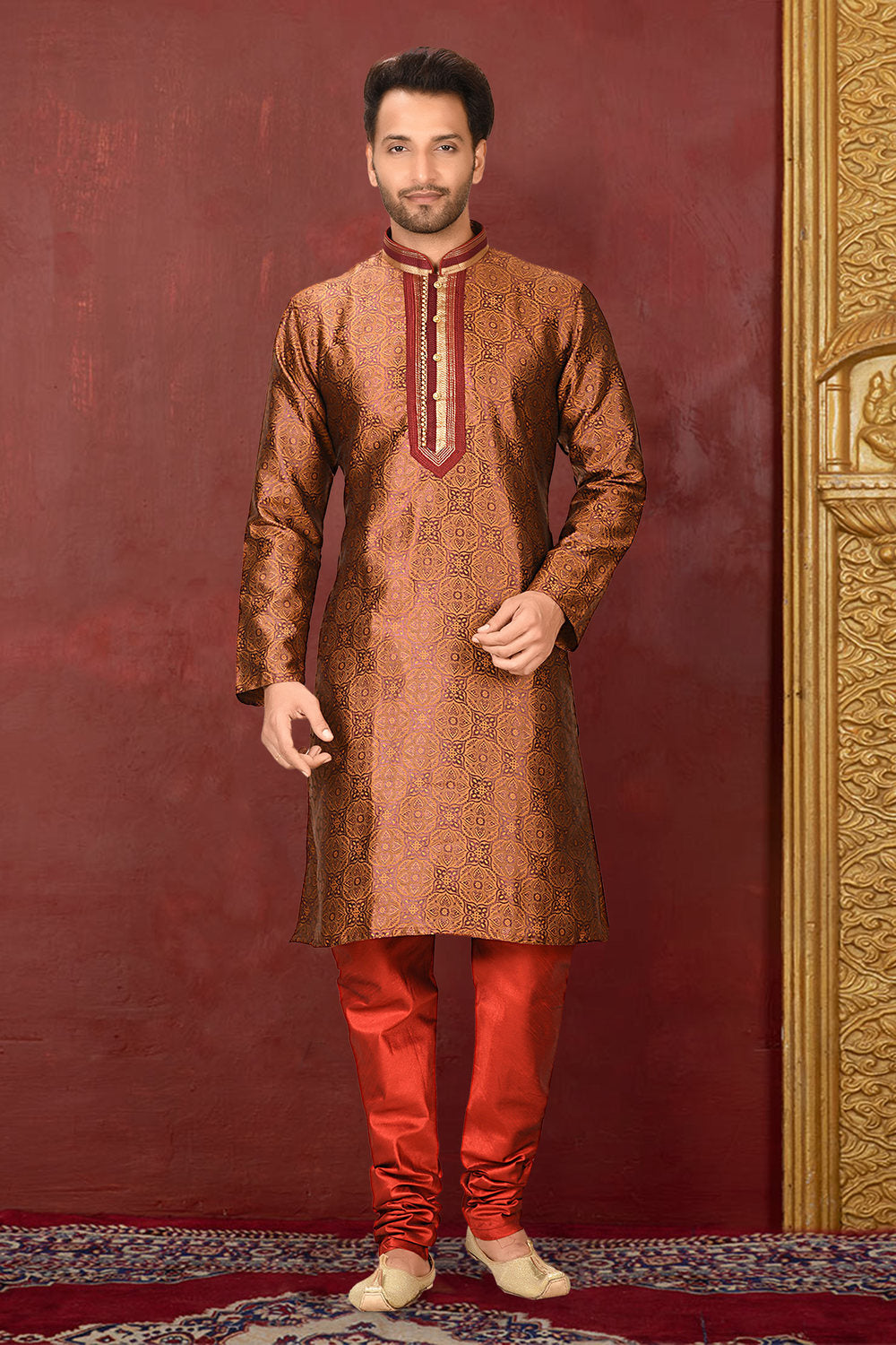 Brown Colour Jacquard Fabric With Thread Work Kurta Pajama