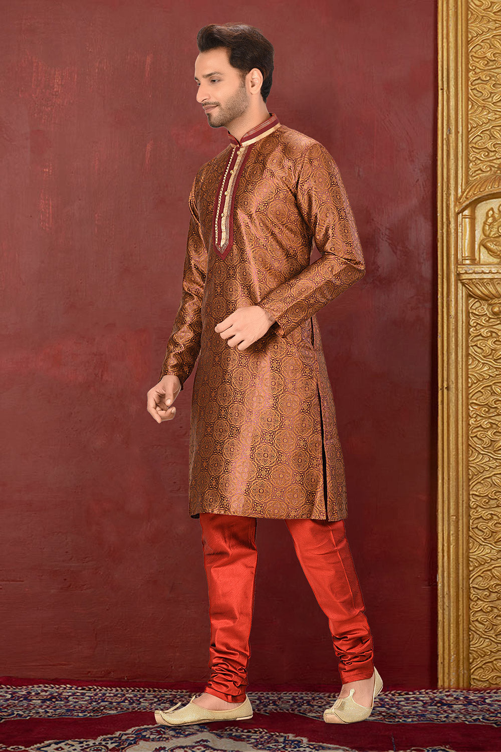 Brown Colour Jacquard Fabric With Thread Work Kurta Pajama