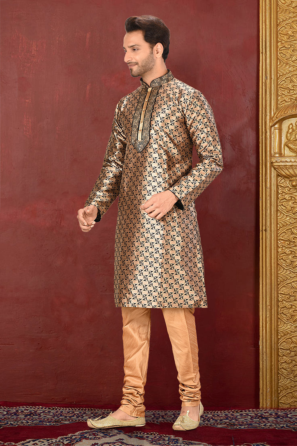 Gold Colour Jacquard Fabric With Thread Work Kurta Pajama