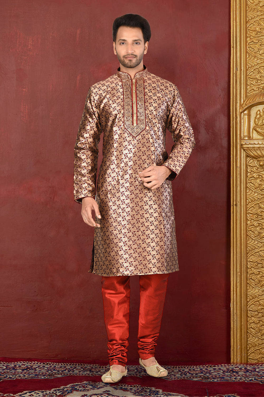 Brown Colour Jacquard Fabric With Thread Work Kurta Pajama