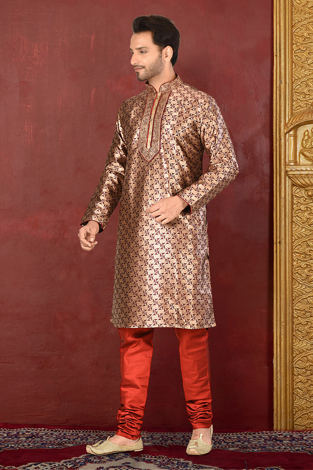 Brown Colour Jacquard Fabric With Thread Work Kurta Pajama