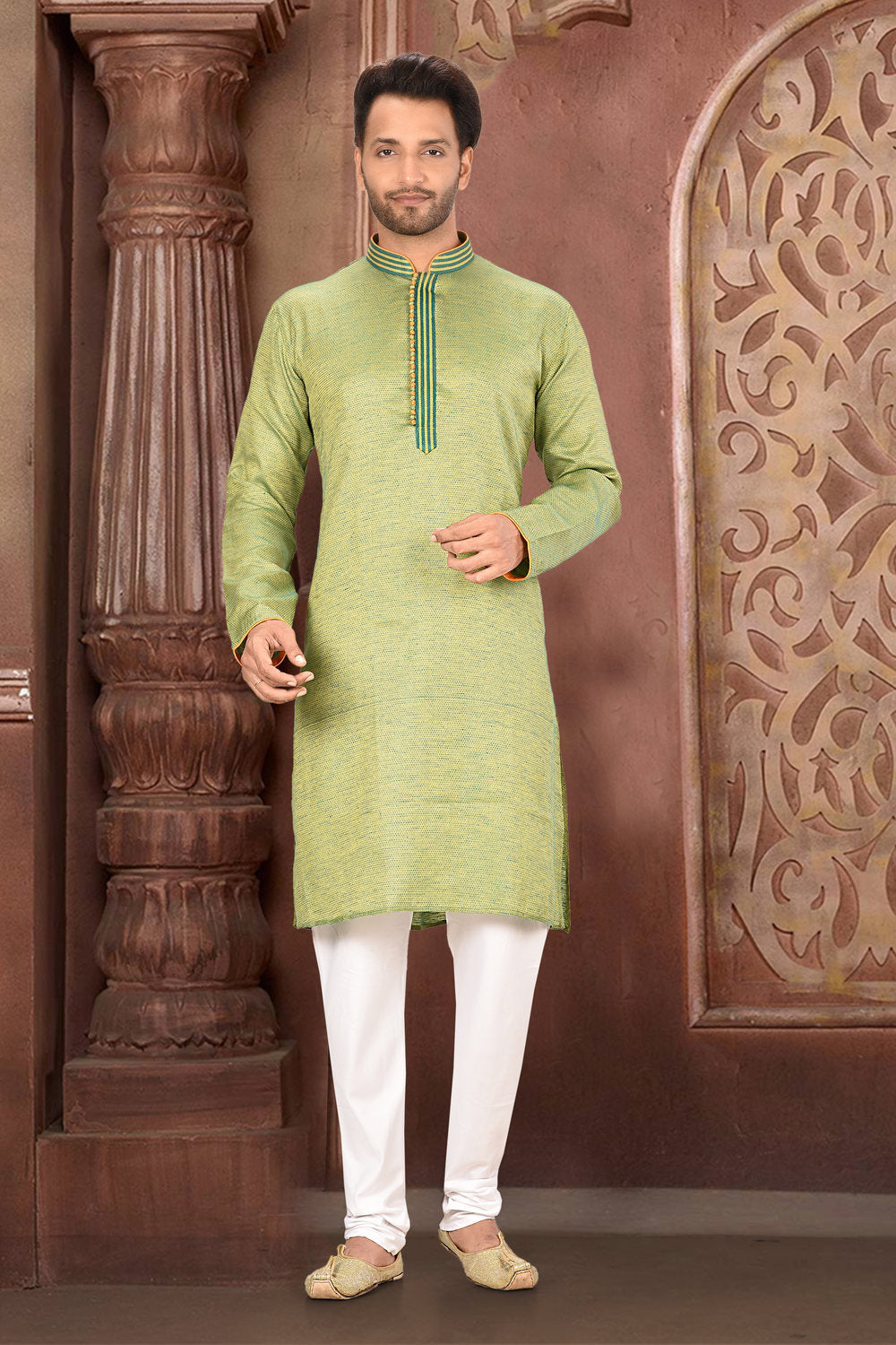 Pastel Colour Cotton Silk Fabric With Thread Work Kurta Pajama