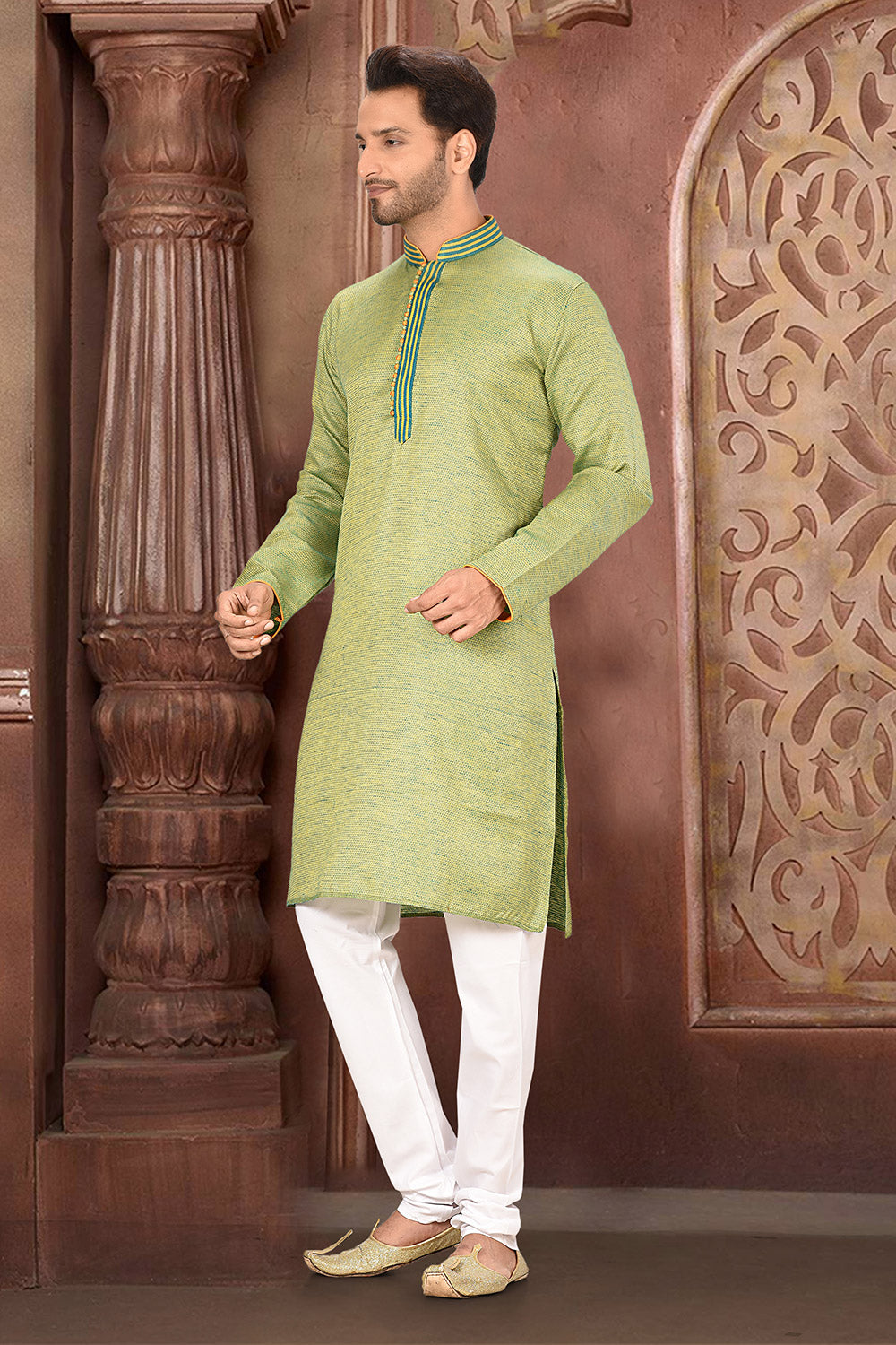 Pastel Colour Cotton Silk Fabric With Thread Work Kurta Pajama