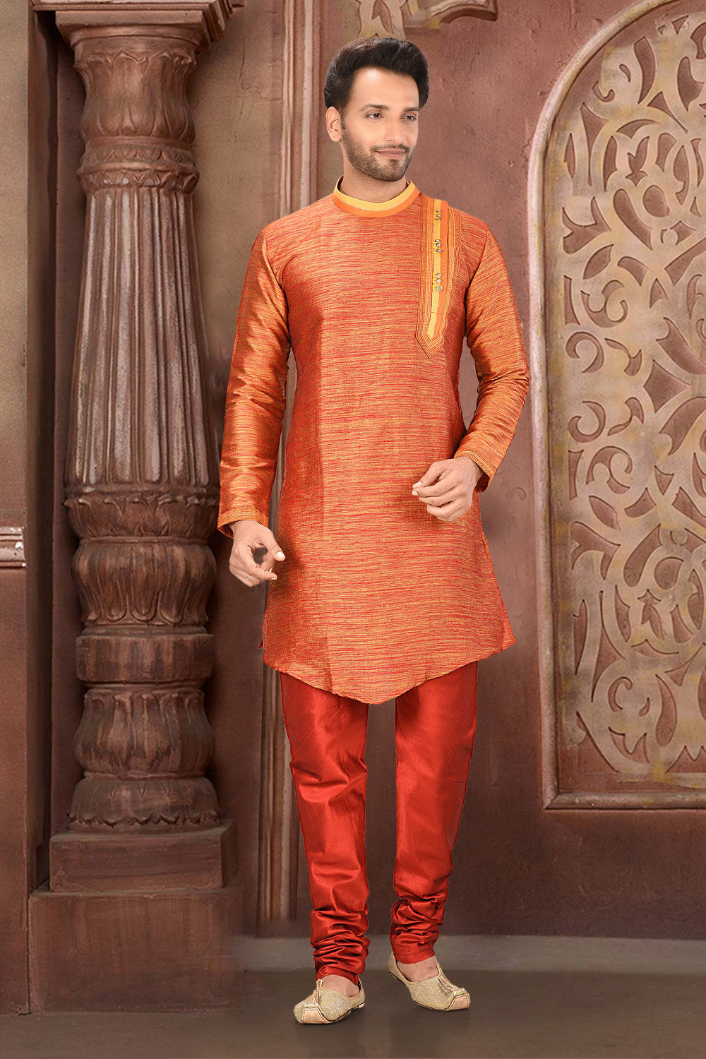 Orange Colour Silk Fabric With Thread Work Kurta Pajama