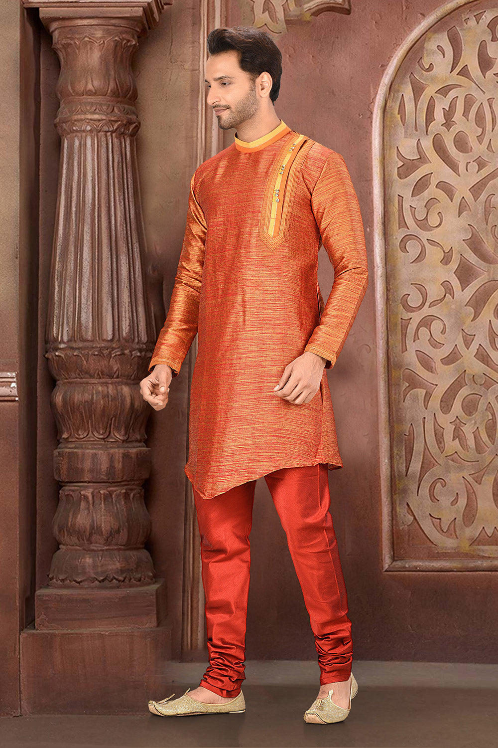 Orange Colour Silk Fabric With Thread Work Kurta Pajama