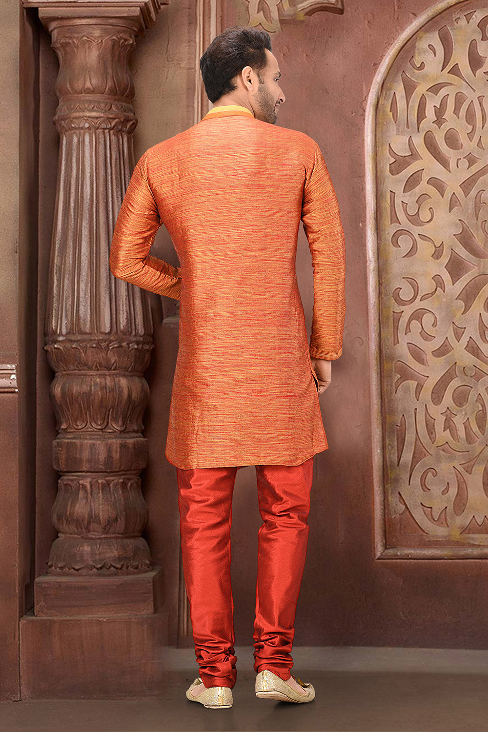 Orange Colour Silk Fabric With Thread Work Kurta Pajama