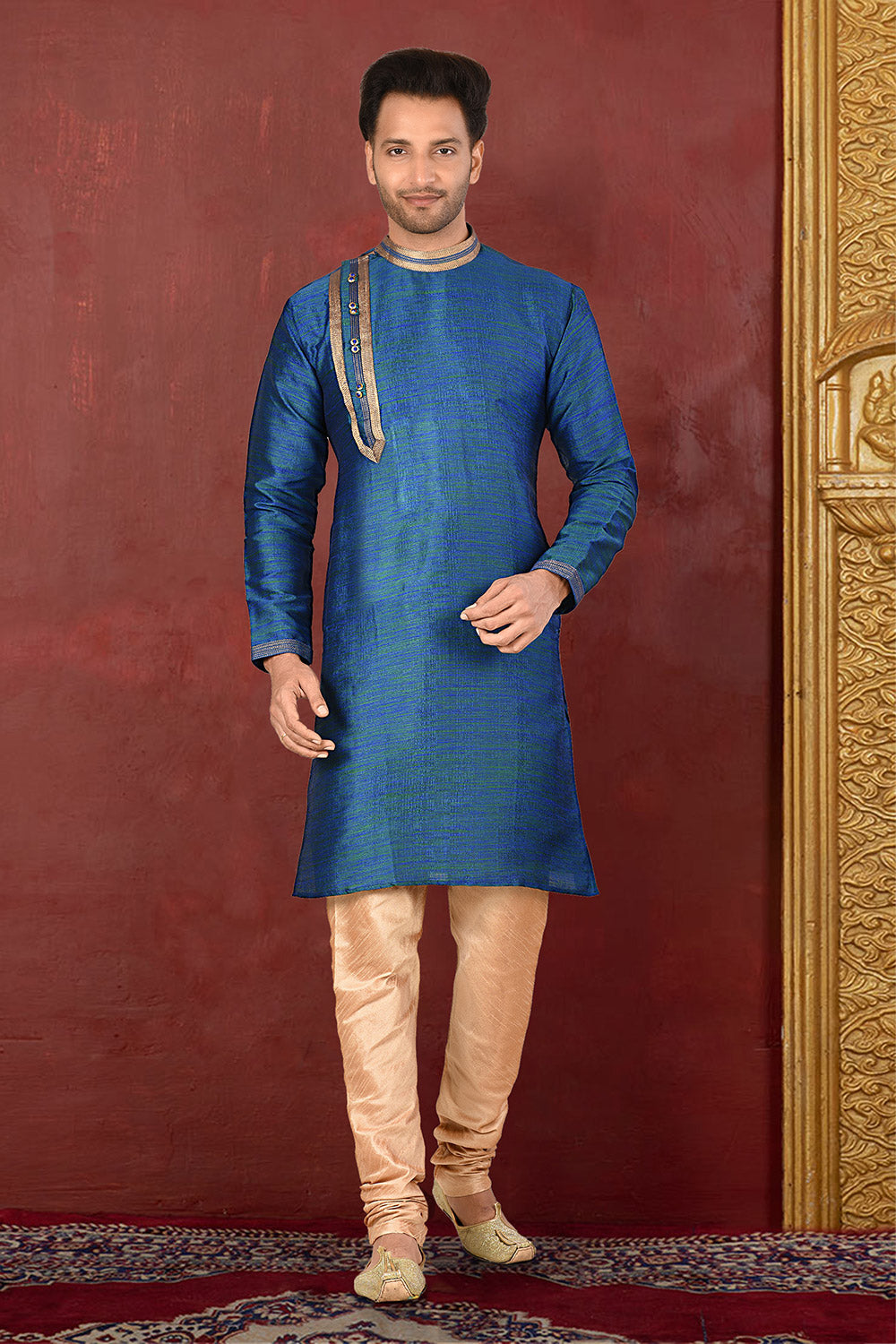 Blue Colour Silk Fabric With Thread Work Kurta Pajama