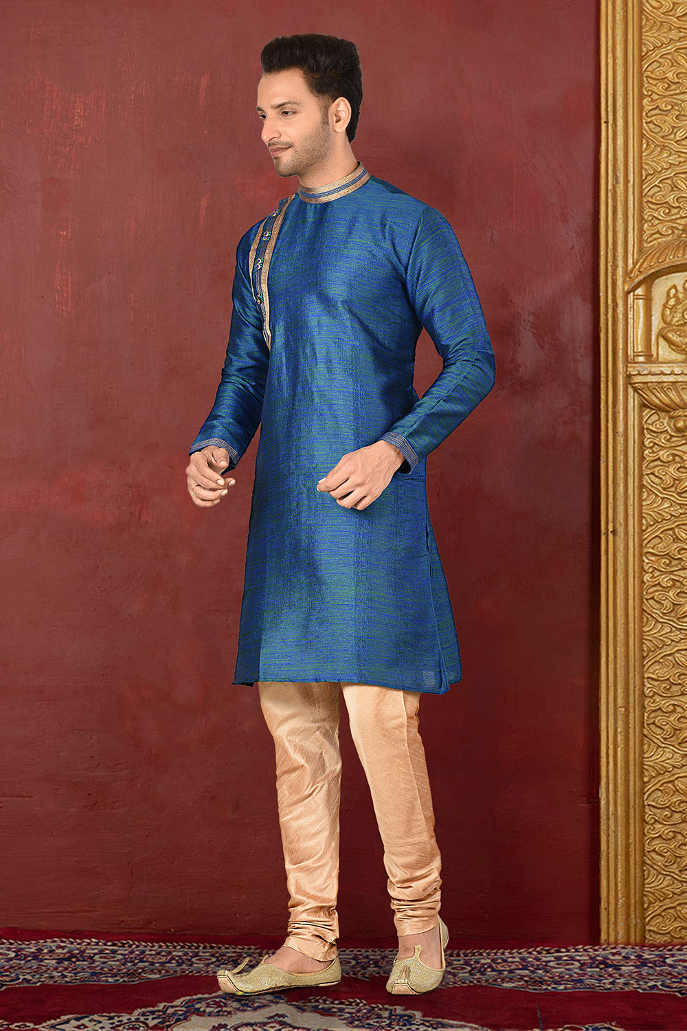 Blue Colour Silk Fabric With Thread Work Kurta Pajama