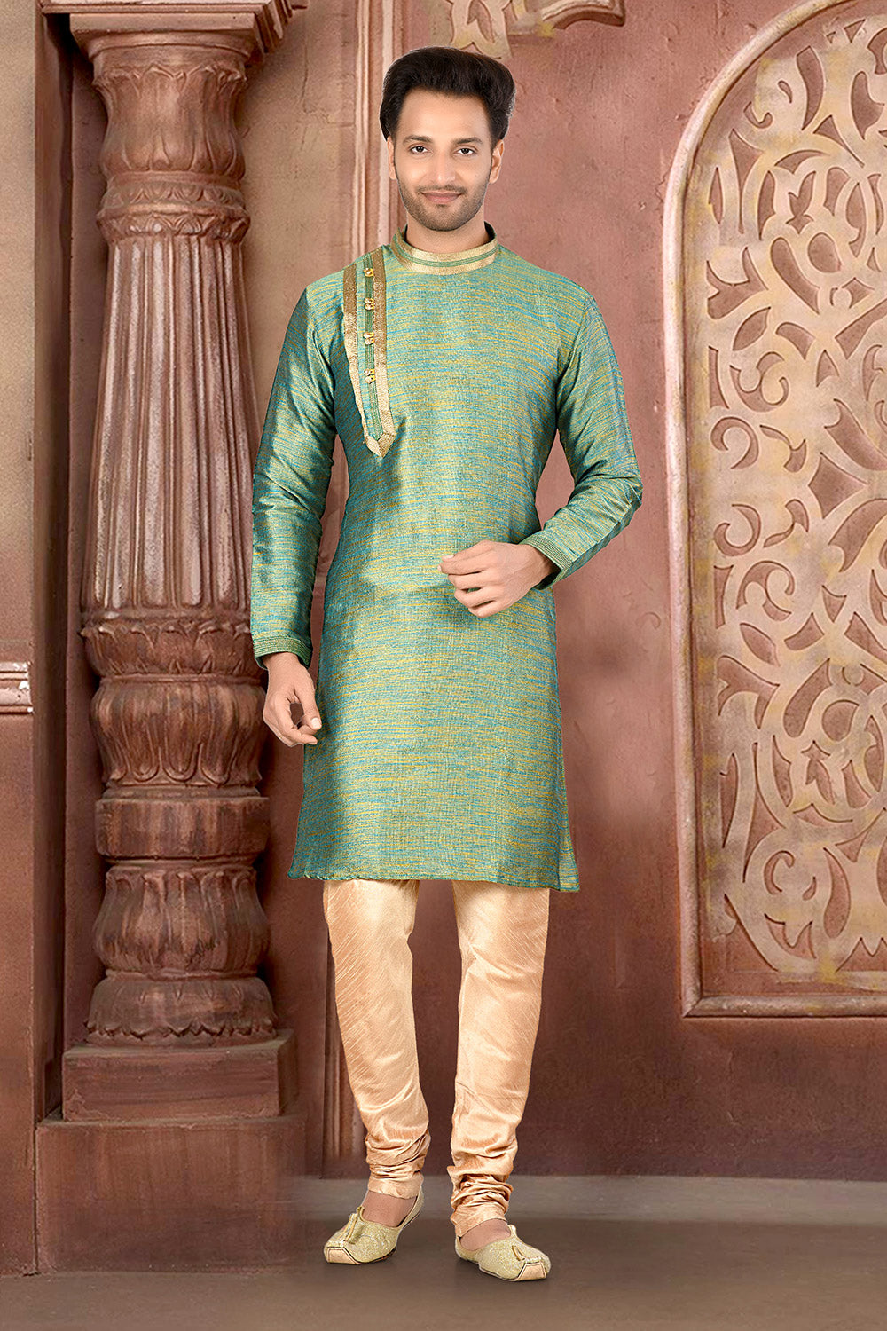 Pastel Colour Silk Fabric With Thread Work Kurta Pajama