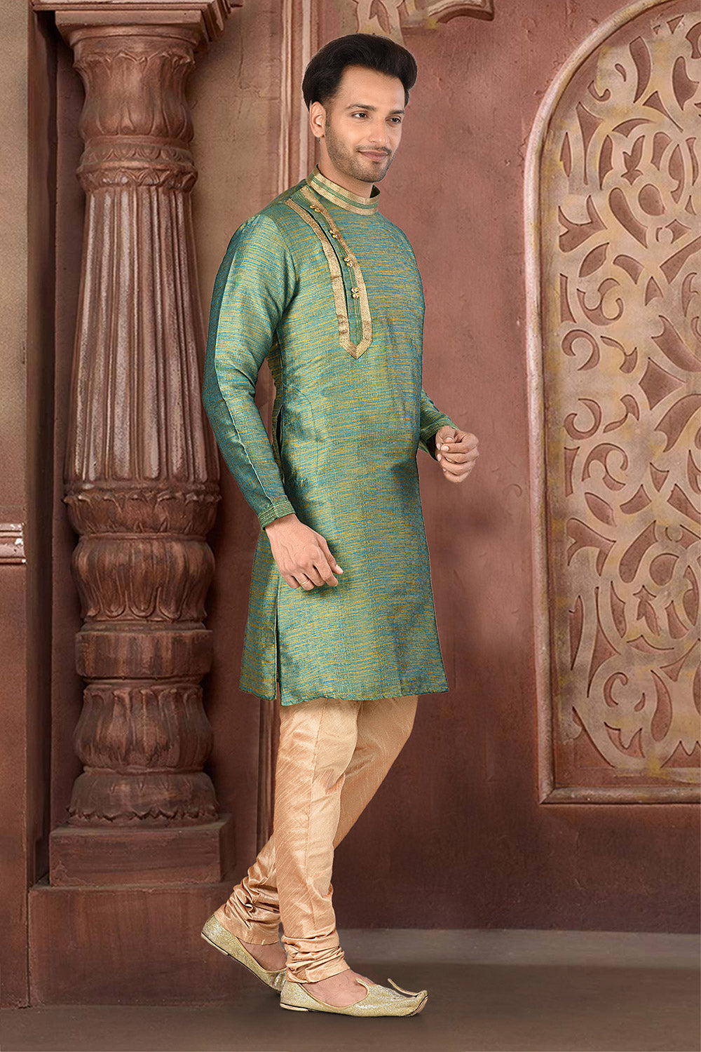 Pastel Colour Silk Fabric With Thread Work Kurta Pajama